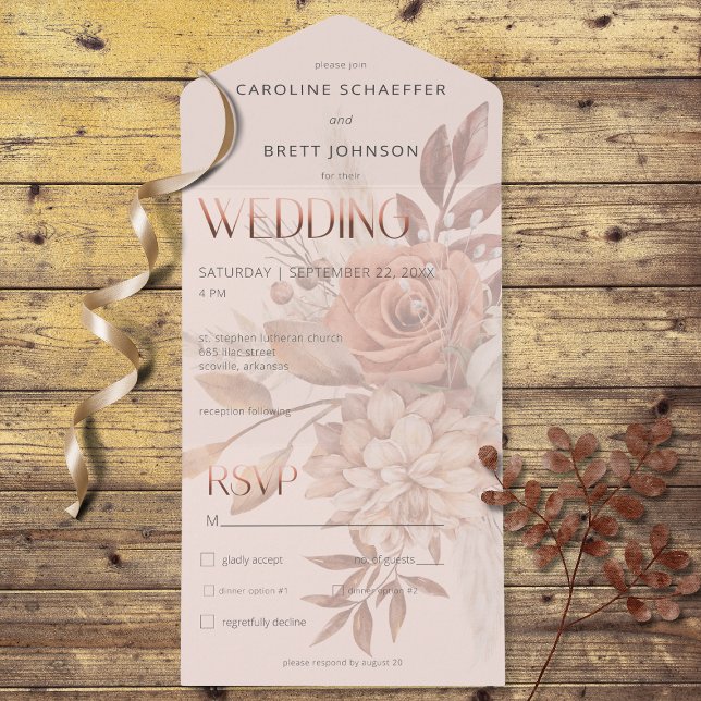 Boho Neutral Soft Autumn Bouquet Blush Dinner All In One Invitation (Also available with a QR code or without dinner selection options.)