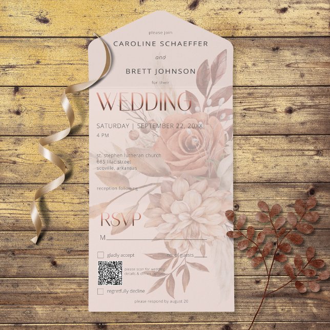 Boho Neutral Soft Autumn Bouquet Blush QR Code All In One Invitation (Also available without a QR code; with or without dinner selection options.)