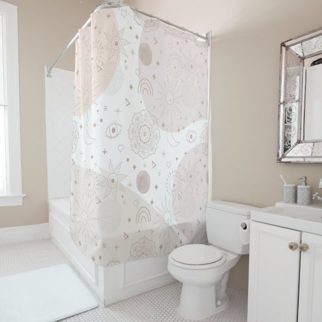 Boho Neutral Space Doodles Aesthetic Design Shower Curtain (In Situ)