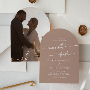 Boho Neutral Taupe Photo Arch Spanish Wedding Invitation