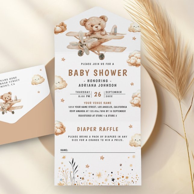 Boho Neutral Teddy Bear Aeroplane Baby Shower All In One Invitation (Creator Uploaded)