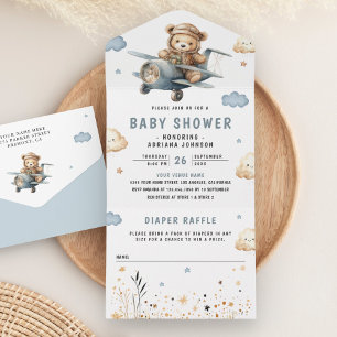 Boho Neutral Teddy Bear Blue Aeroplane Baby Shower All In One Invitation