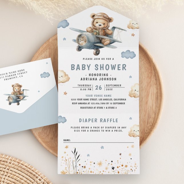 Boho Neutral Teddy Bear Blue Aeroplane Baby Shower All In One Invitation (Creator Uploaded)