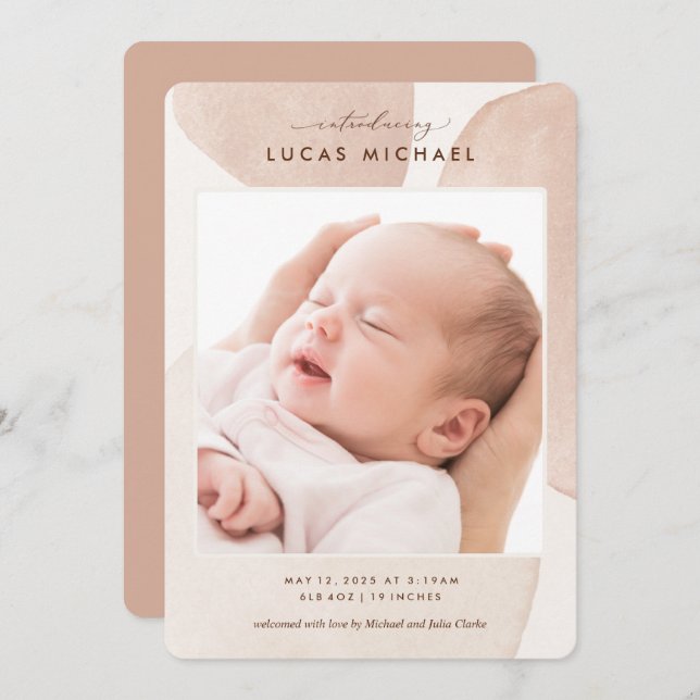 Boho Neutral Watercolor Elegant Photo Announcement (Front/Back)