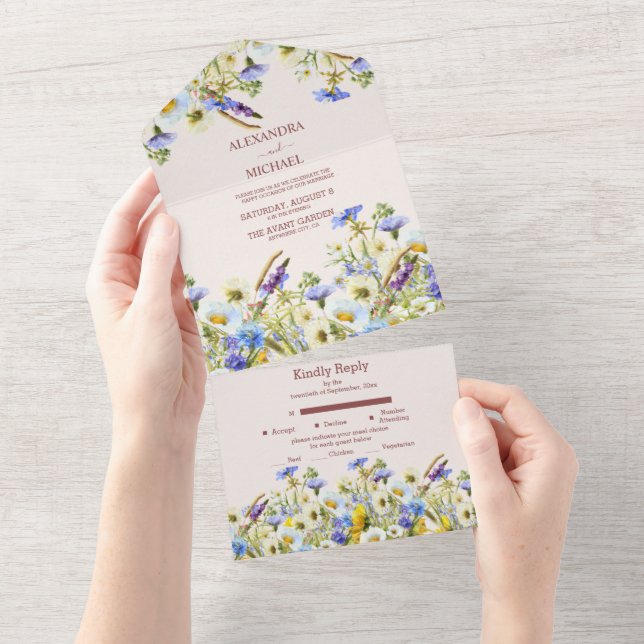 Boho Neutral Watercolor Wildflower Wedding All In One Invitation (Tearaway)