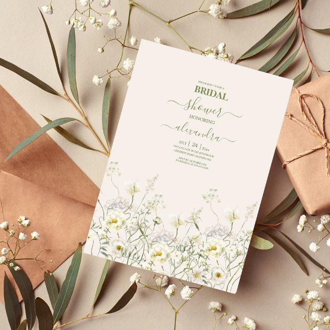 Boho Neutral White Watercolor Wildflower Bridal Invitation (Creator Uploaded)