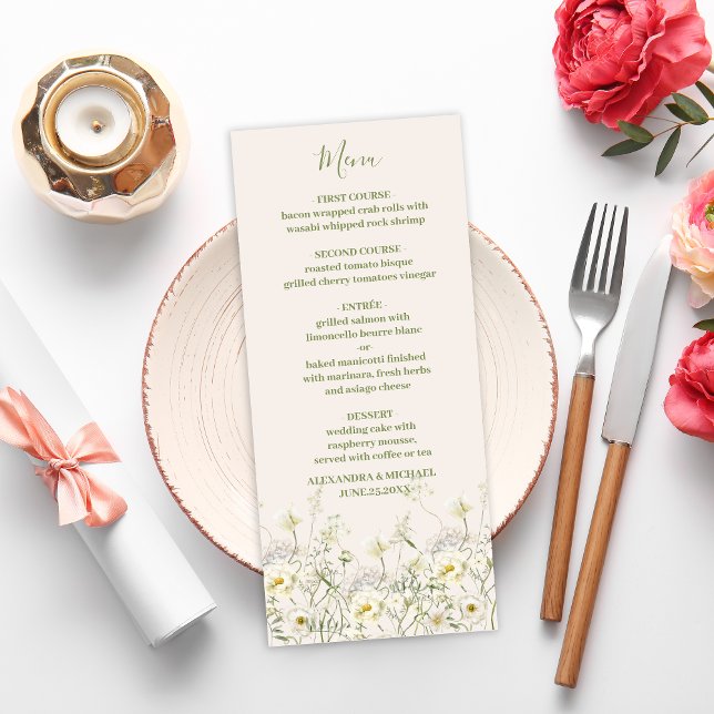 Boho Neutral White Watercolor Wildflower Wedding Menu (Creator Uploaded)