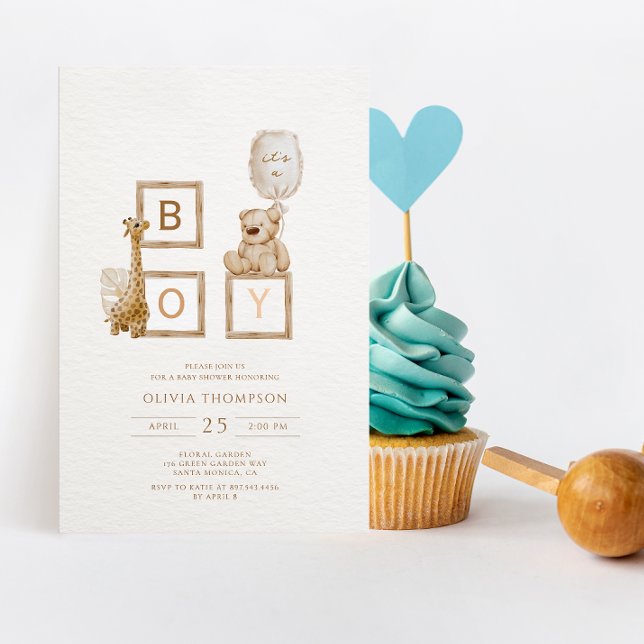 Boho Neutral Wood Block Letters It's A Boy Shower  Invitation (Creator Uploaded)