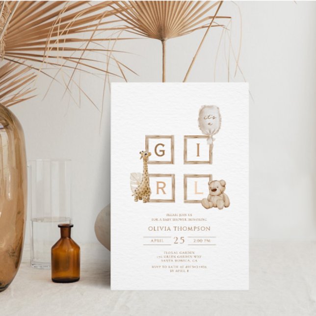 Boho Neutral Wood Block Letters It's A Girl Shower Invitation (Creator Uploaded)