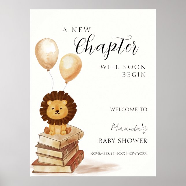 Boho New Chapter Lion Balloon Baby Shower Welcome Poster (Front)