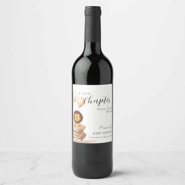 Boho New Chapter Wild Lion Balloon Baby Shower  Wine Label (Front)