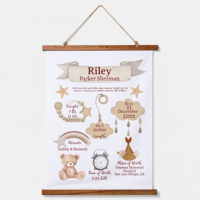 BOHO Newborn Birth Stats Gender Neutral Custom Hanging Tapestry (Front)