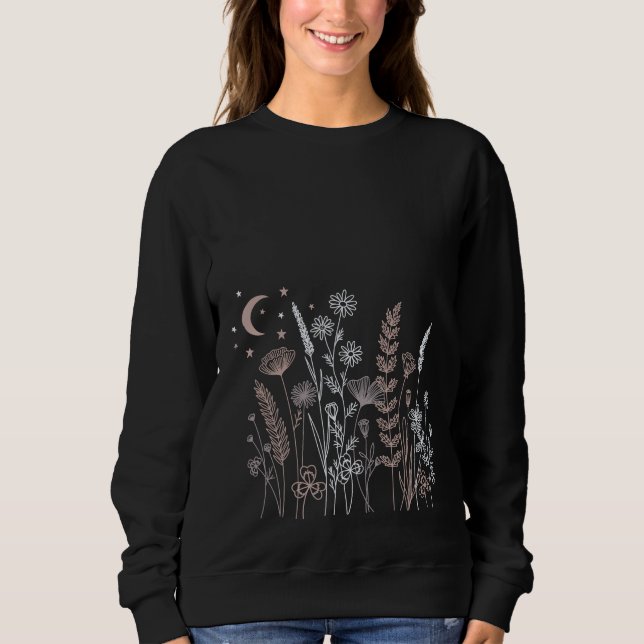 Boho Night Sky Floral Illustration – Moon, Stars & Sweatshirt (Front)