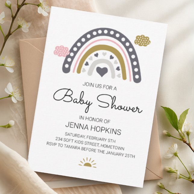 Boho Nordic Rainbow Baby Shower Grey Invitation (Boho Nordic Rainbow Baby Shower Grey Invitation)