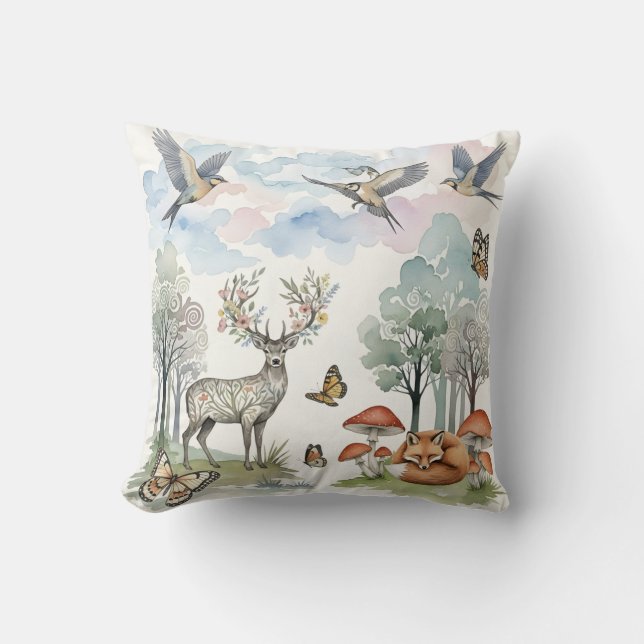 Boho Nursery Decor Deer and Fox Forest Scene Cushion (Front)