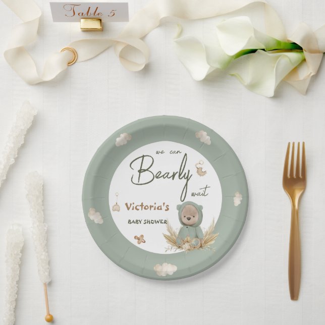 Boho Nursery Green Teddy Bear Baby Shower  Paper Plate (Wedding)
