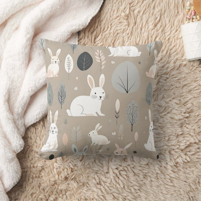 Boho Nursery Minimalist Bunny Rabbits Brown Cushion (Blanket)