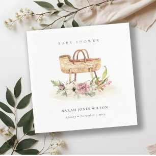 Boho Nursery Pink Floral Bassinet Baby Shower Napkin