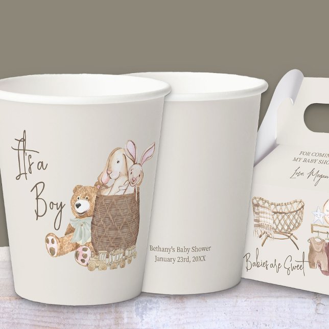 Boho Nursery Teddy Bear Custom Neutral Paper Cups (Custom paper cups with editable wording from my Boho Nursery baby shower Collection)