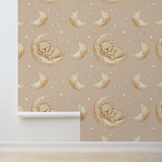 Boho Nursery Teddy Bear Sleeping on the Moon Wallpaper (Application)