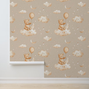 Boho Nursery Teddy Bear with Balloon on a Cloud Wallpaper