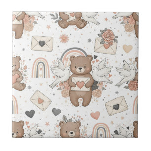 Boho Nursery Teddy Bears with Rainbows -Earthy (2) Ceramic Tile