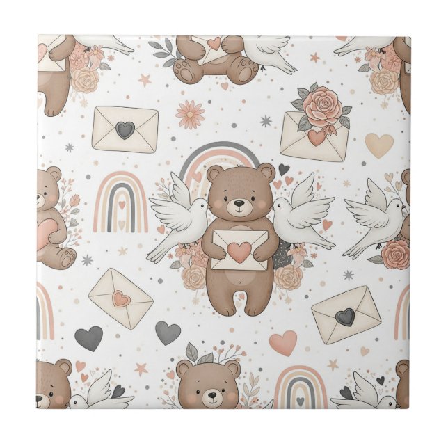 Boho Nursery Teddy Bears with Rainbows -Earthy (2) Ceramic Tile (Front)