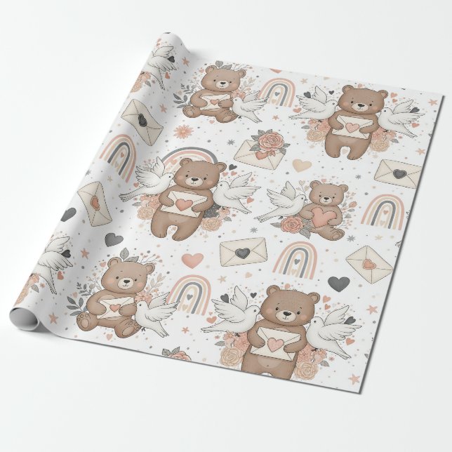 Boho Nursery Teddy Bears with Rainbows -Earthy (2) Wrapping Paper (Unrolled)