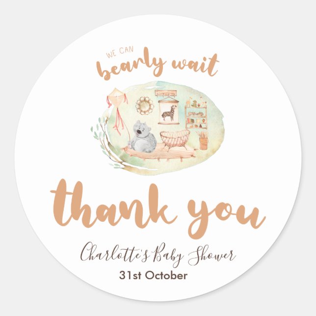 Boho Nursery We Can Bearly Wait Baby Shower Classic Round Sticker (Front)
