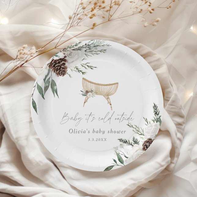 Boho nursery winter evergreen baby shower paper plate (Creator Uploaded)