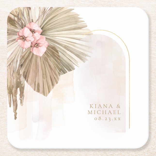 Boho Oasis Floral Arch Wedding ID959 Square Paper Coaster (Front)