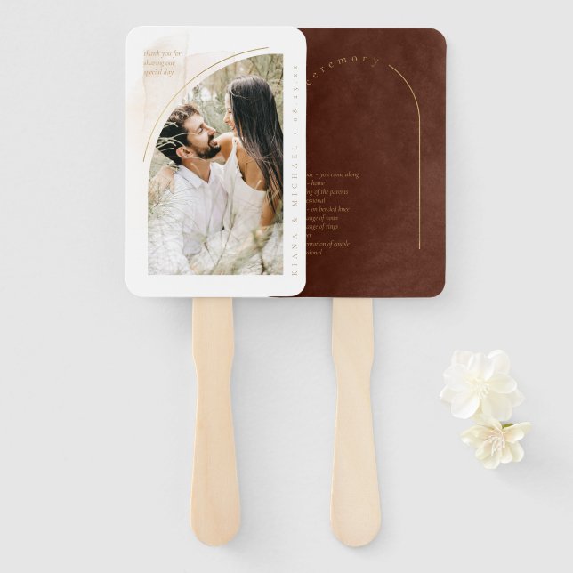 Boho Oasis Wedding Photo Program Umber ID959 Hand Fan (Front and Back)