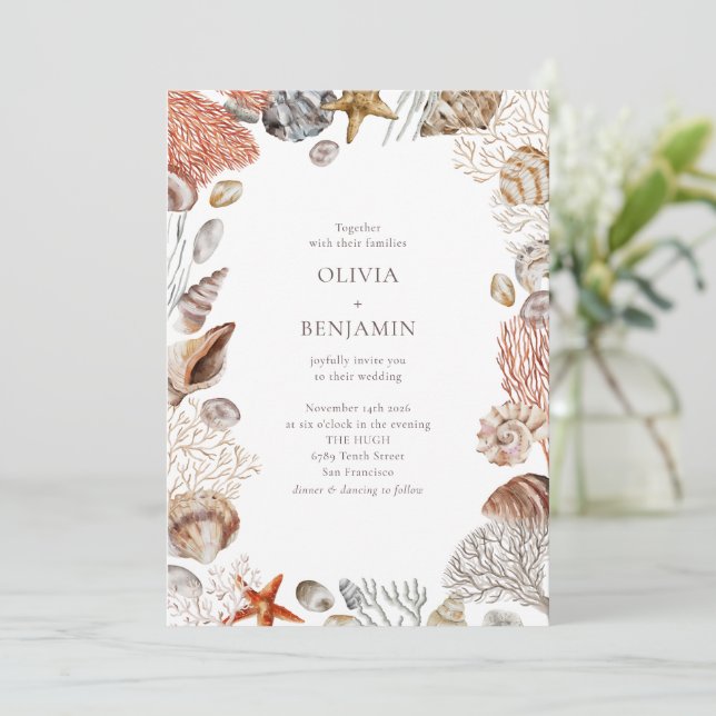 Boho Ocean Seashells Coral Beach Unique Wedding Invitation (Standing Front)