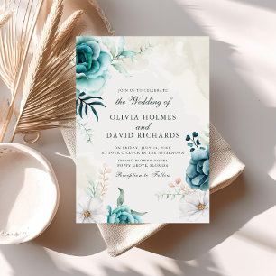 Boho Off-White Teal Wildflowers Wedding Invite