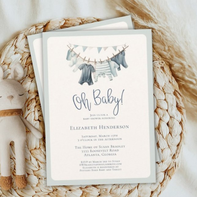 Boho Oh Baby Boy Clothes Clothesline Baby Shower Invitation (Creator Uploaded)