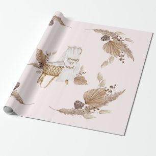 Boho Oh Baby Brown Pink Bassinet Personalised Wrapping Paper