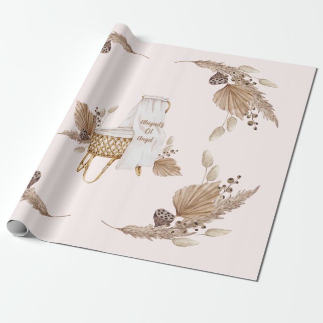 Boho Oh Baby Brown Pink Bassinet Personalised  Wrapping Paper (Unrolled)