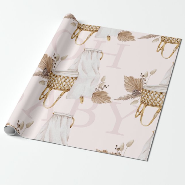 Boho Oh Baby Brown & Pink Bassinet  Wrapping Paper (Unrolled)