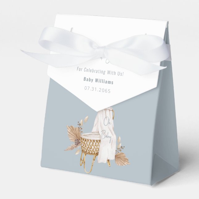 Boho Oh Baby Dusty Blue Bassinet Baby Shower  Favour Box (Front Side)