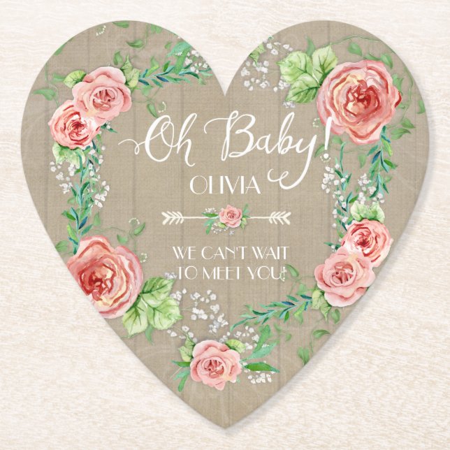 Boho Oh Baby Girl Shower Pink Roses Rustic Wood Paper Coaster (Front)