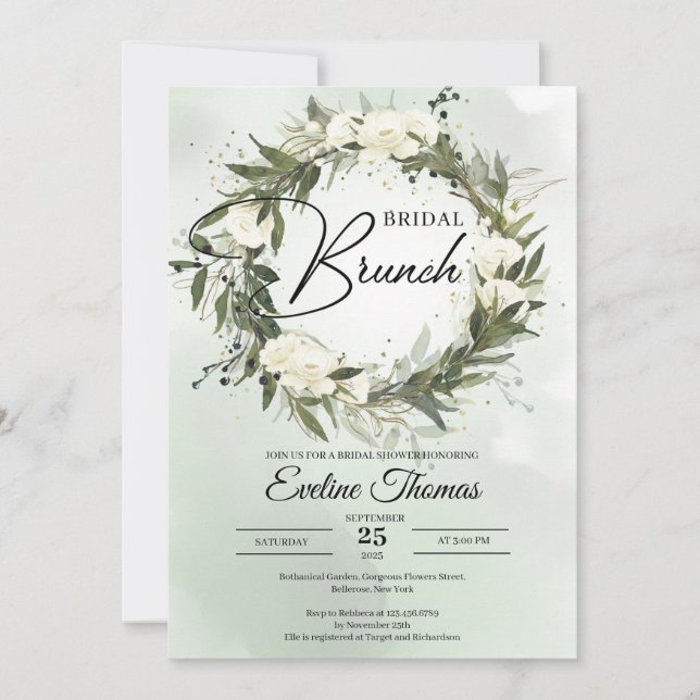 Boho Olive foliage white roses gold Bridal brunch Invitation (Front)