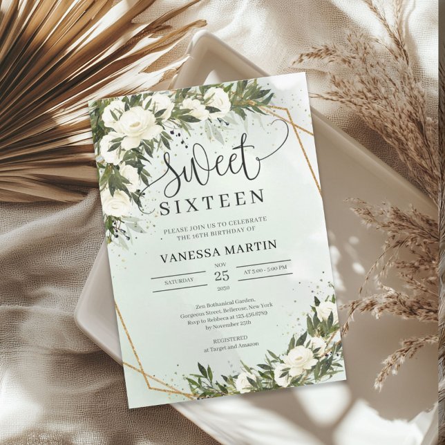 Boho Olive foliage white roses Sweet sixteen Invitation (Boho Olive foliage white roses Sweet sixteen Invitation)