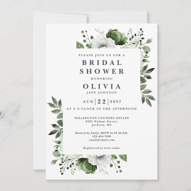 Boho Olive Green Elegant Floral Bridal Shower  Invitation (Front)