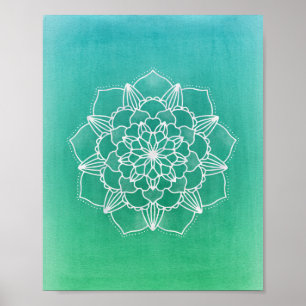 Boho Ombre Mandala Flower in Green Poster