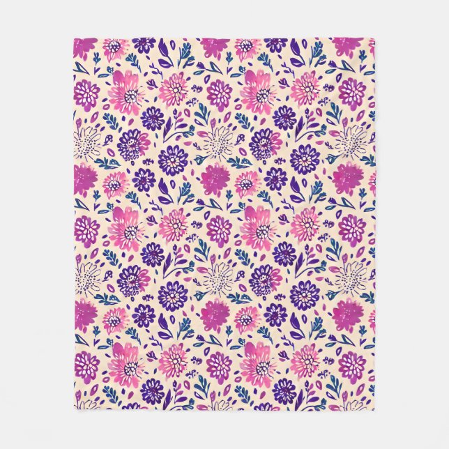 Boho Ombre Pink and Purple Floral Pattern Fleece Blanket (Front)