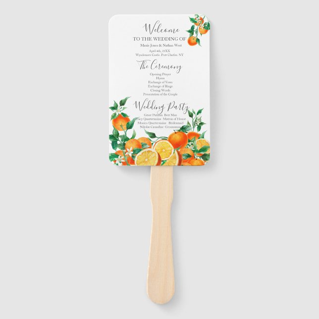 Boho Orange Blossom Wedding Program Hand Fan (Front)