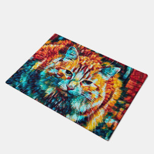 Boho Orange Blue Colourful Hippie Tabby Cat Doormat