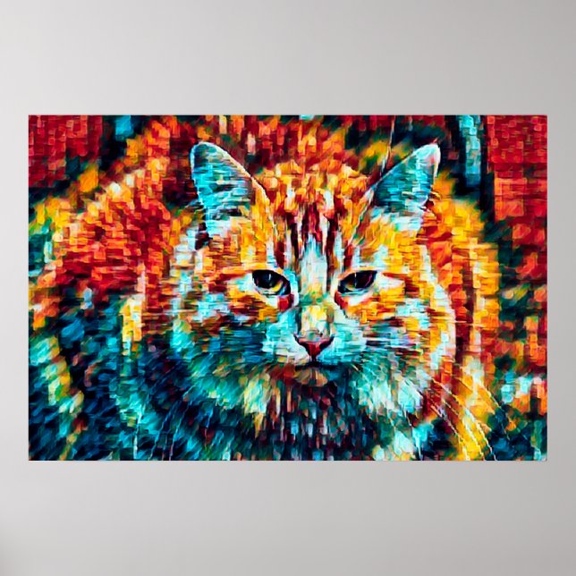 Boho Orange Blue Colourful Hippie Tabby Cat Poster (Front)