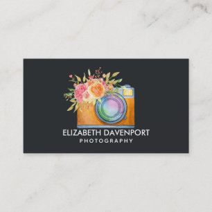 Boho Orange Camera & Floral Bouquet Watercolor Business Card