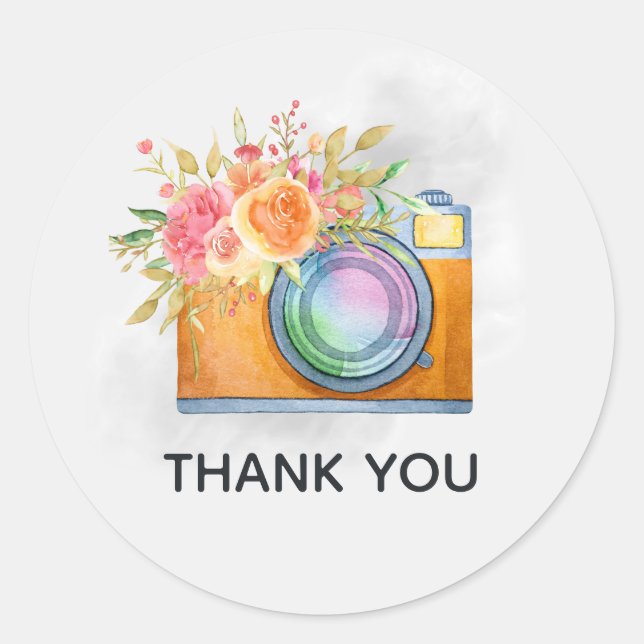 Boho Orange Camera & Floral Bouquet Watercolor Classic Round Sticker (Front)
